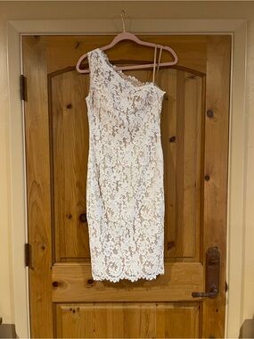 Eliza J White One-Shoulder Lace mid length Dress
